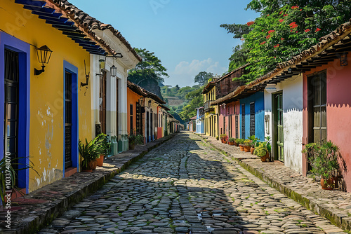 Colonial Architecture in South American City with Cobbled Streets  