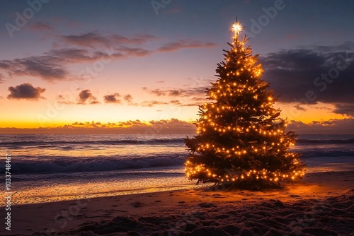 Christmas tree with lights on the beach at sunset