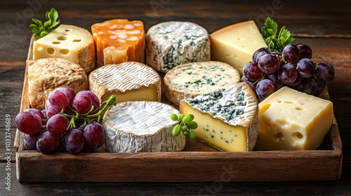 Various types of cheese displayed in a wooden tray accompanied by grapes, cheese, assortment, wooden tray, gourmet, dairy