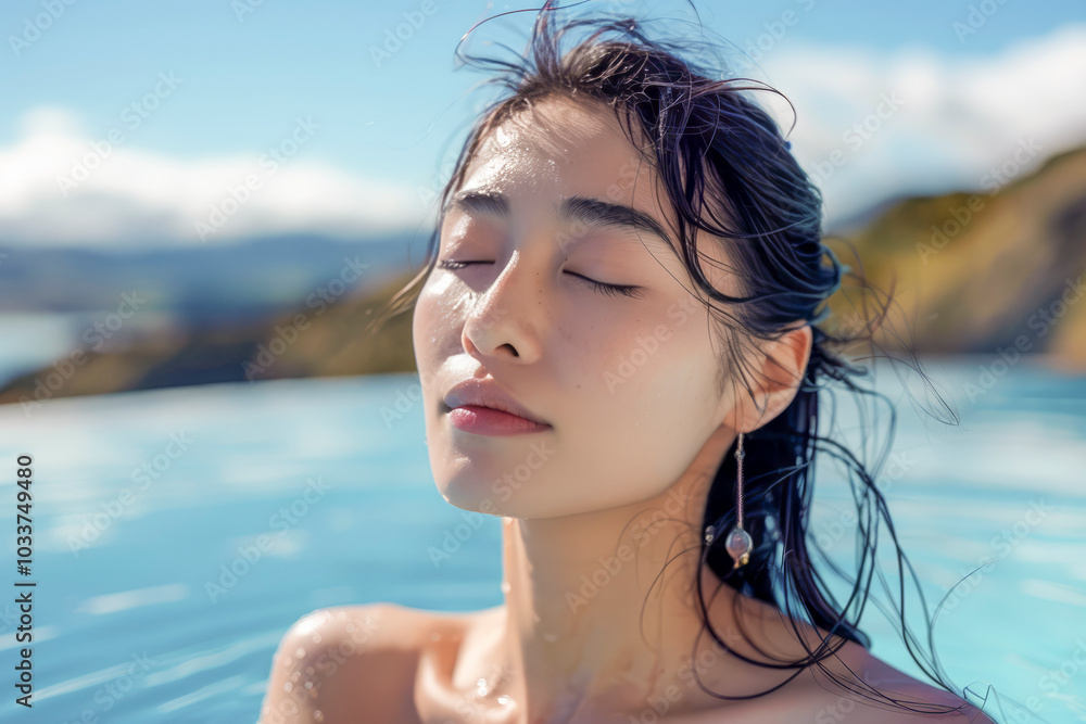Woman Relaxing with Eyes Closed in a Tranquil Pool Under the Sun