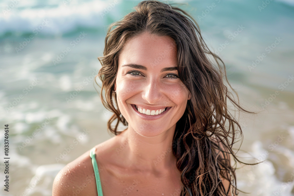 Smiling woman enjoying a sunny day at the beach with waves in the background, radiating natural beauty and happiness. Smiling woman enjoying a sunny day at the beach with waves in the background, radiating natural beauty and happiness.