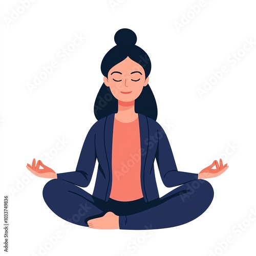 A serene woman meditates in a cross-legged pose, promoting calmness and mindfulness through her practice in a minimalist setting.