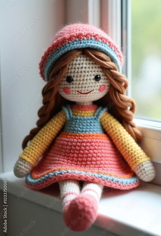 Handmade crochet doll with intricate detailing, wearing a colorful dress and hat, carefully stitched with soft yarn, sitting on a windowsill Handmade crochet doll with intricate detailing, wearing a colorful dress and hat, carefully stitched with soft yarn, sitting on a windowsill