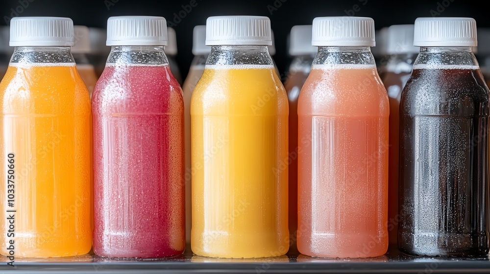 A row of colorful bottled juices, a variety of flavors on a shelf. A row of colorful bottled juices, a variety of flavors on a shelf.