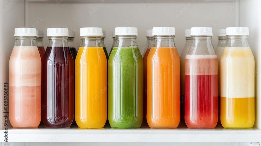 A row of eight colorful glass bottles filled with different juices, neatly arranged on a shelf. A row of eight colorful glass bottles filled with different juices, neatly arranged on a shelf.