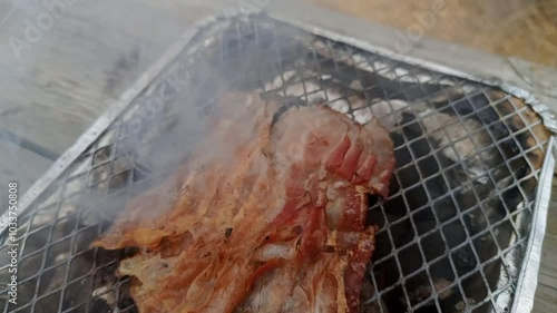 Wallpaper Mural Grilling bacon on coals. Outdoor barbecue, bacon grilling, smoke coming from it, close-up of hot meat. Torontodigital.ca