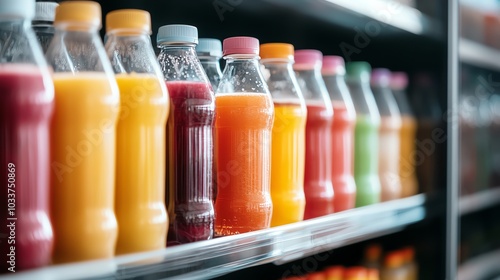 A row of colorful plastic bottles of juice on a store shelf.