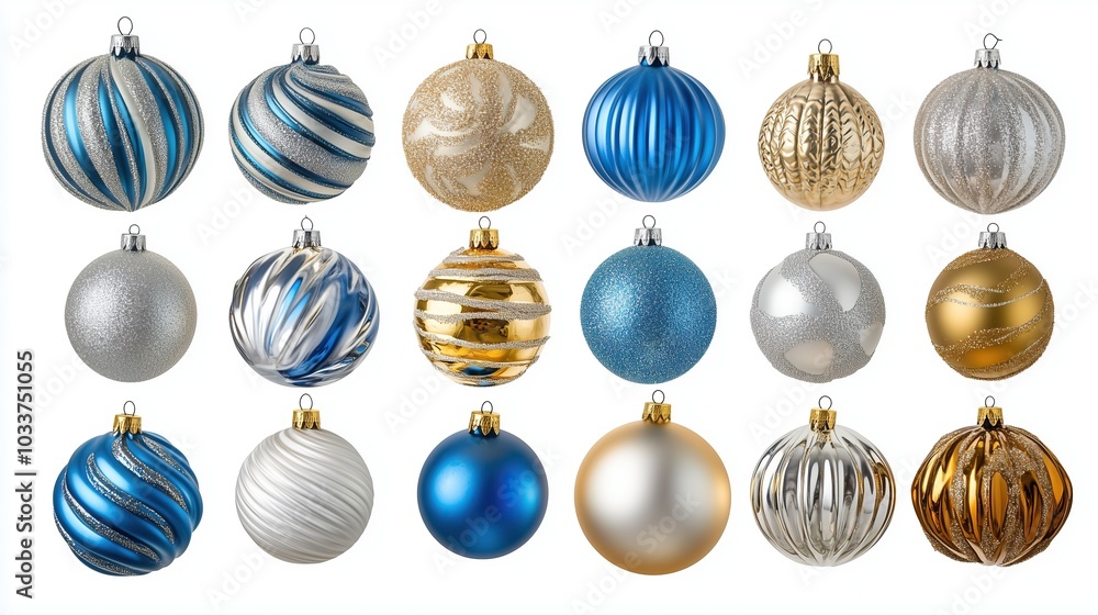 Set of blue, golden and silver Christmas decorations, set of balls, on white background Set of blue, golden and silver Christmas decorations, set of balls, on white background