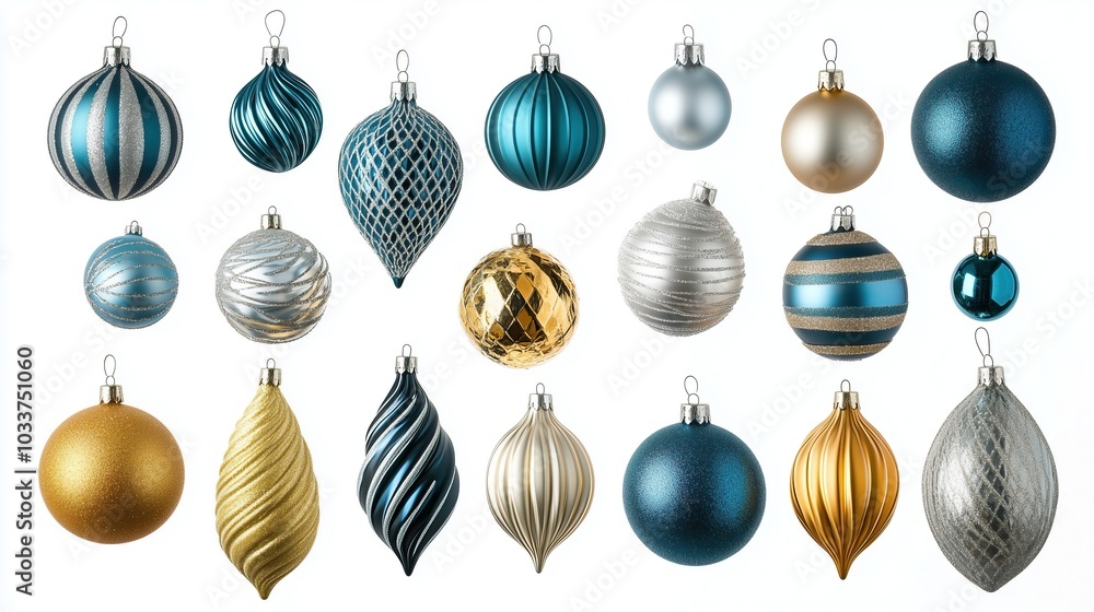 Set of blue, golden and silver Christmas decorations, set of balls, on white background Set of blue, golden and silver Christmas decorations, set of balls, on white background