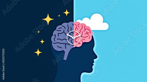 Artistic representation of the brain connected to time, between golden stars of night and white clouds of day