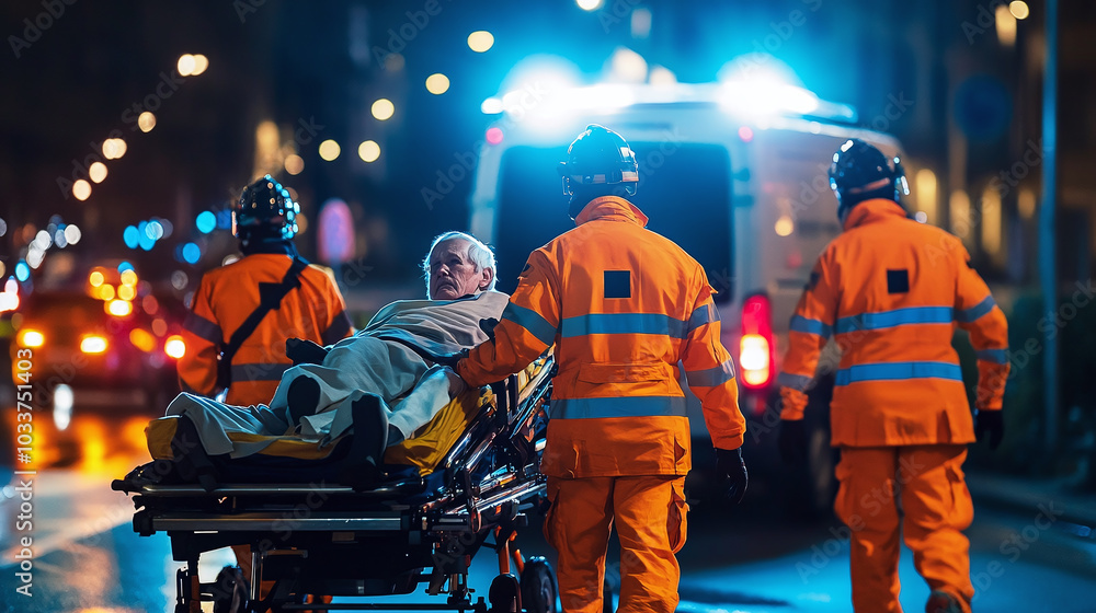 Fototapeta premium Rescue team in orange uniforms carries an elderly patient on a stretcher to an ambulance at night, with flashing lights.