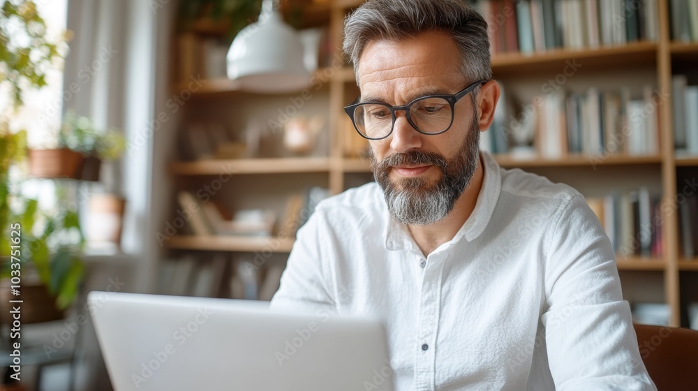A mature man in glasses is concentrating on his laptop within a room filled with books, creating an atmosphere of seriousness and intellectual curiosity. A mature man in glasses is concentrating on his laptop within a room filled with books, creating an atmosphere of seriousness and intellectual curiosity.