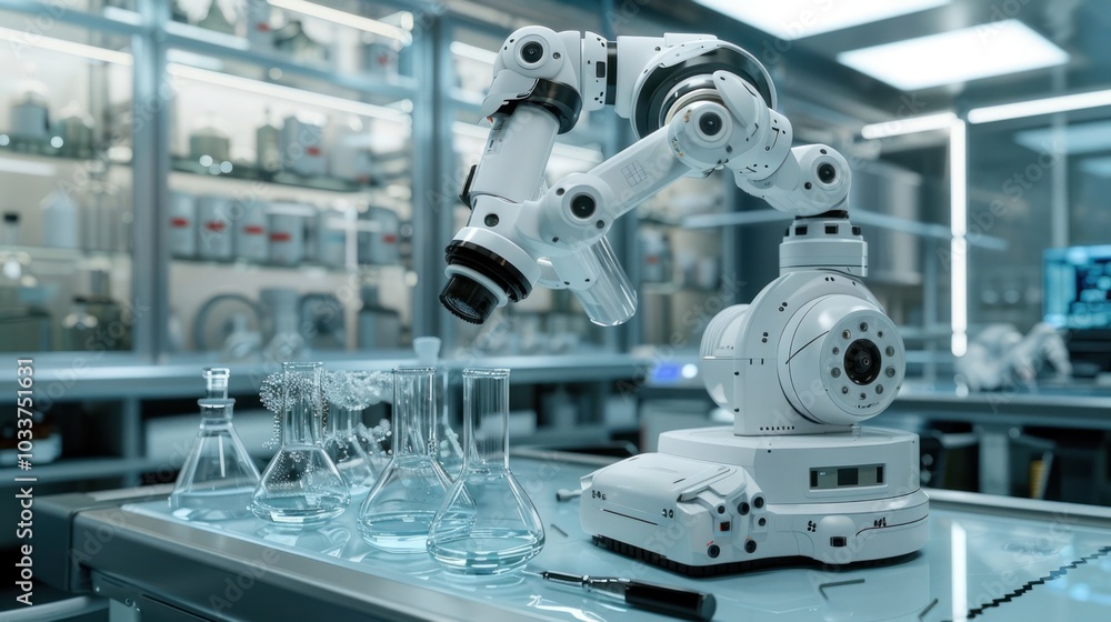 Robotic arm performing analytical tasks and scientific experiments in a high tech modern laboratory setting Robotic arm performing analytical tasks and scientific experiments in a high tech modern laboratory setting