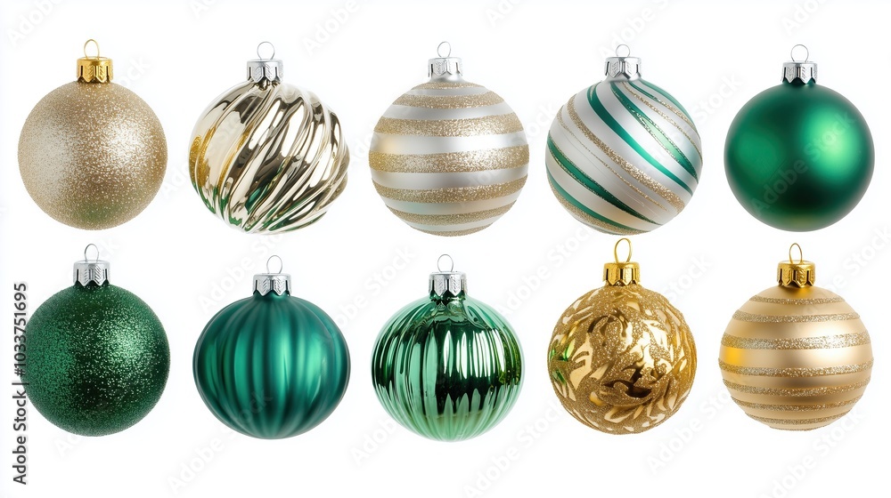Set of green, golden and silver Christmas decorations, set of balls, on white background Set of green, golden and silver Christmas decorations, set of balls, on white background