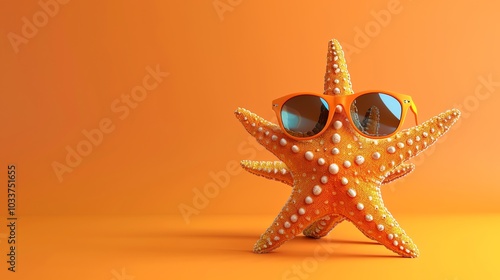 A cartoon starfish wearing sunglasses on an orange background. photo