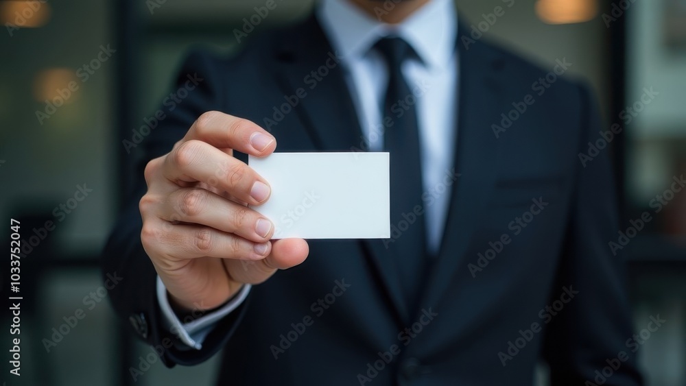 A professional man in a suit presenting a blank business card in an office setting during the late afternoon. Mock-up A professional man in a suit presenting a blank business card in an office setting during the late afternoon. Mock-up