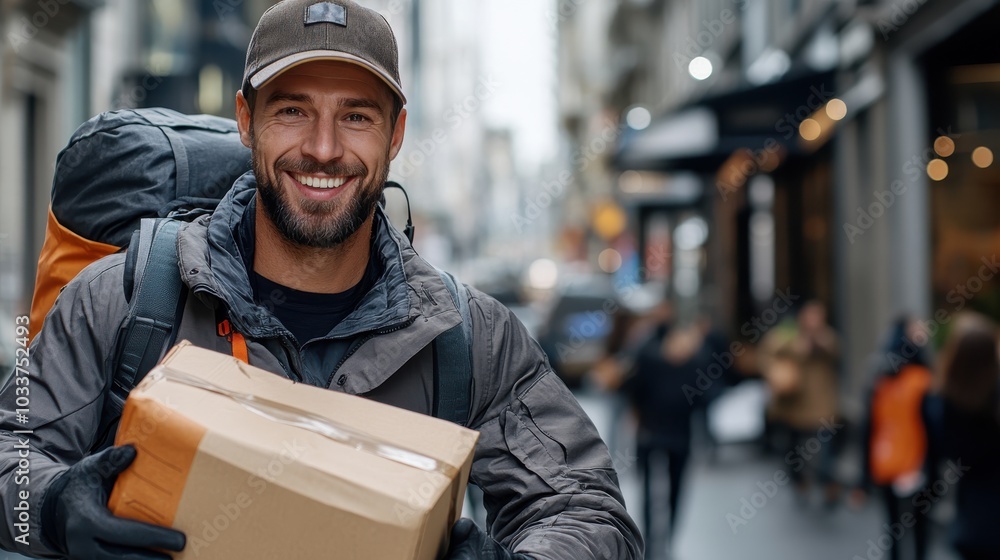A happy courier wearing a cap and holding a package smiles brightly on a bustling city street, capturing the essence of urban delivery and modern connectivity. A happy courier wearing a cap and holding a package smiles brightly on a bustling city street, capturing the essence of urban delivery and modern connectivity.