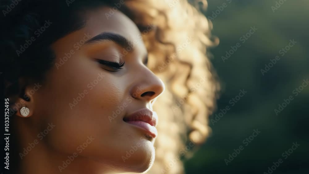 Serene woman enjoying sunlight with eyes closed amidst nature Serene woman enjoying sunlight with eyes closed amidst nature