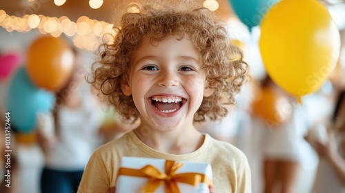 A curly-haired child joyfully smiles, holding a gift box surrounded by colorful balloons, capturing a moment of unbridled excitement at a lively celebration. photo