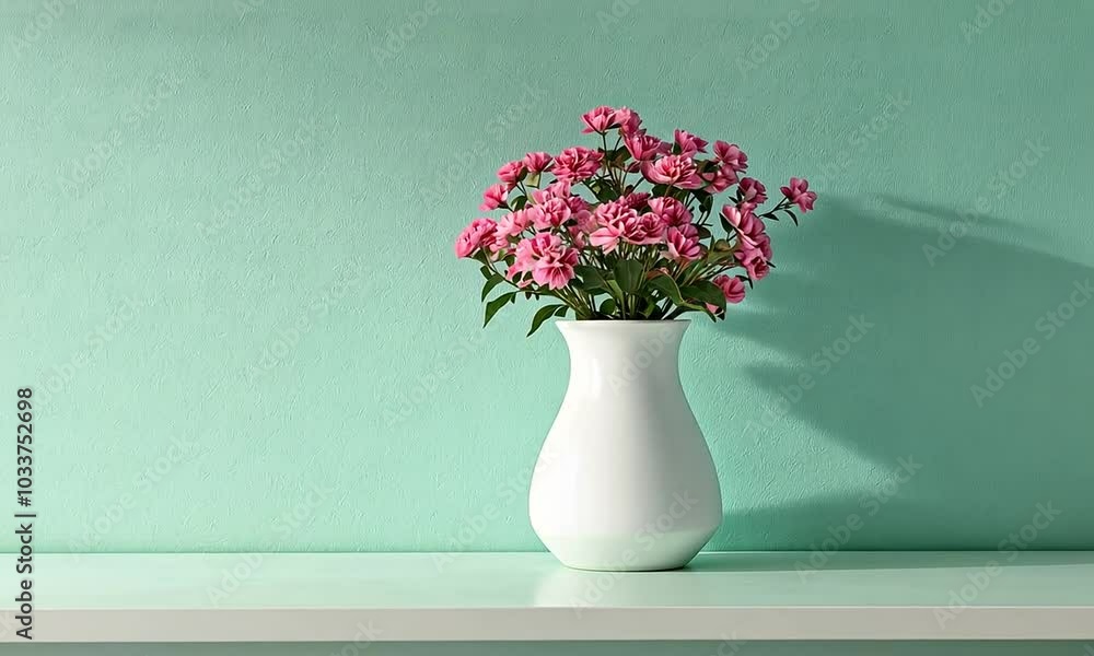 Pink Flowers in White Vase on Green Shelf. Pink Flowers in White Vase on Green Shelf.