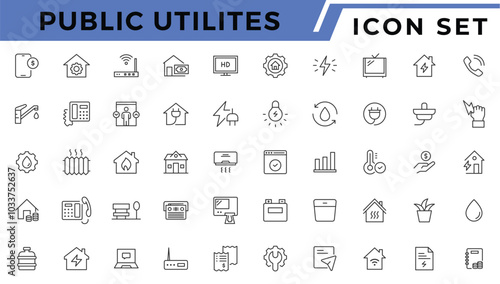 Public utilities web icons line set. Public Utilities Water, Fuel, Electricity, gas, garage, Solar House, Rent receipt, Maintainence, and More vector illustration