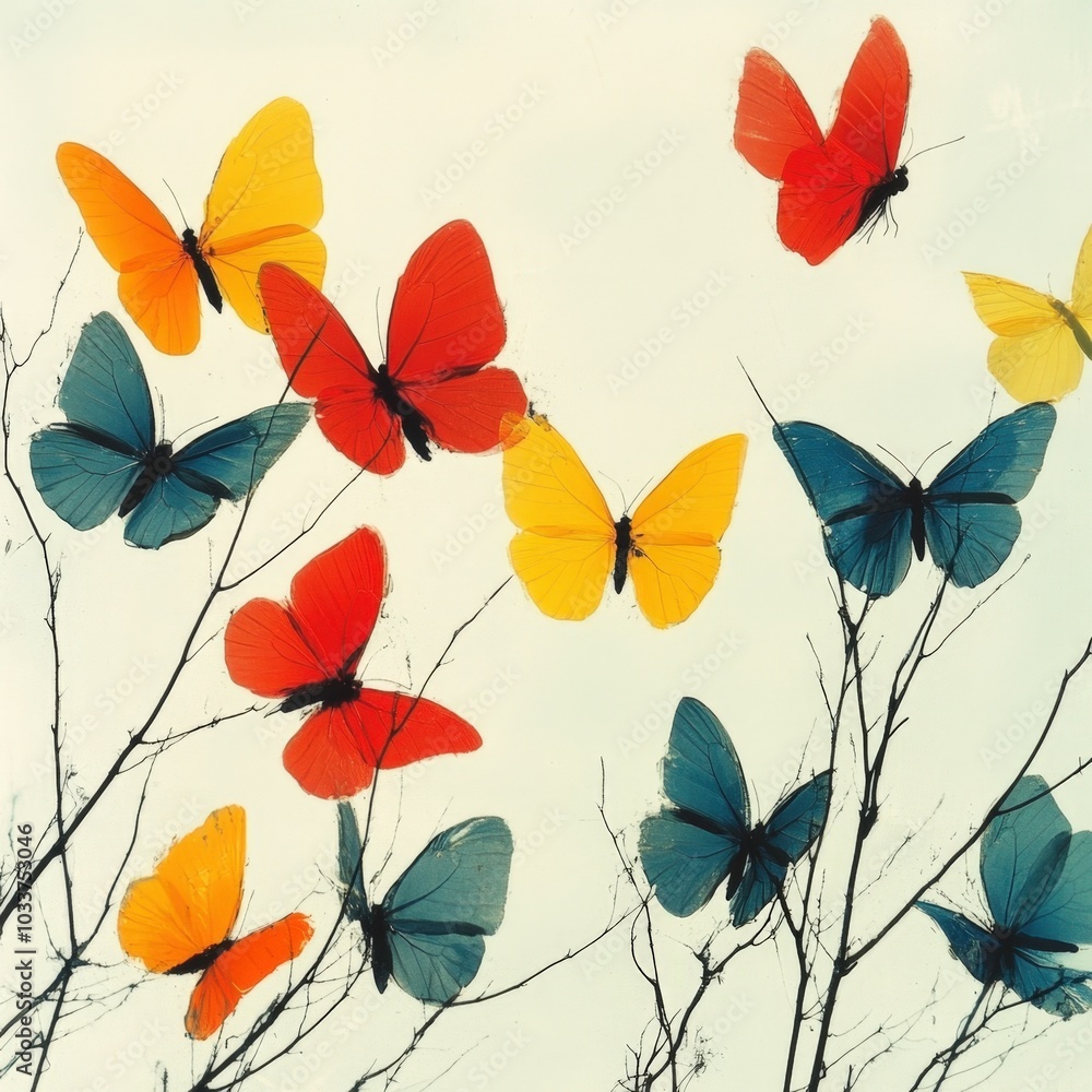 Obraz premium Colorful butterflies fluttering among delicate branches against a bright backdrop