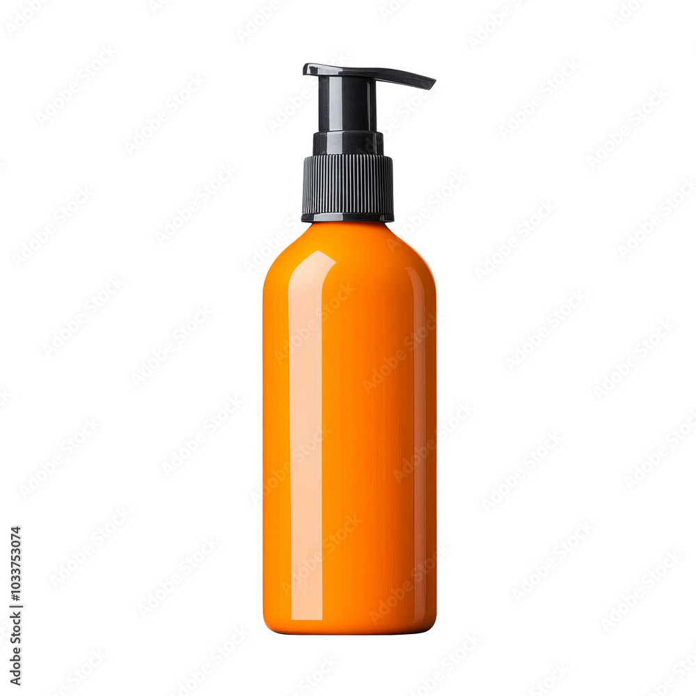 Bright orange pump bottle for lotions or liquids, white isolated background. Bright orange pump bottle for lotions or liquids, white isolated background.