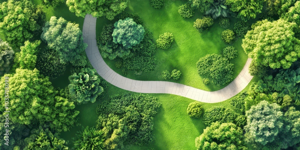 Aerial view of a winding path through lush, green trees and vibrant foliage. Aerial view of a winding path through lush, green trees and vibrant foliage.