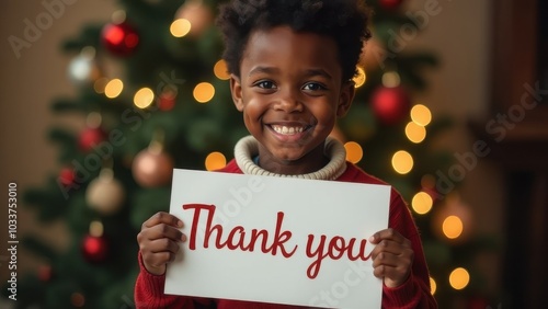 Young child expresses gratitude in front of a decorated Christmas tree during festive celebrations at home photo