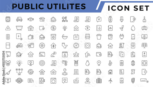 Public utilities web icons line set. Public Utilities Water, Fuel, Electricity, gas, garage, Solar House, Rent receipt, Maintainence, and More vector illustration