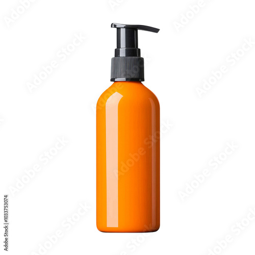 Bright orange pump bottle for lotions or liquids, white isolated background.