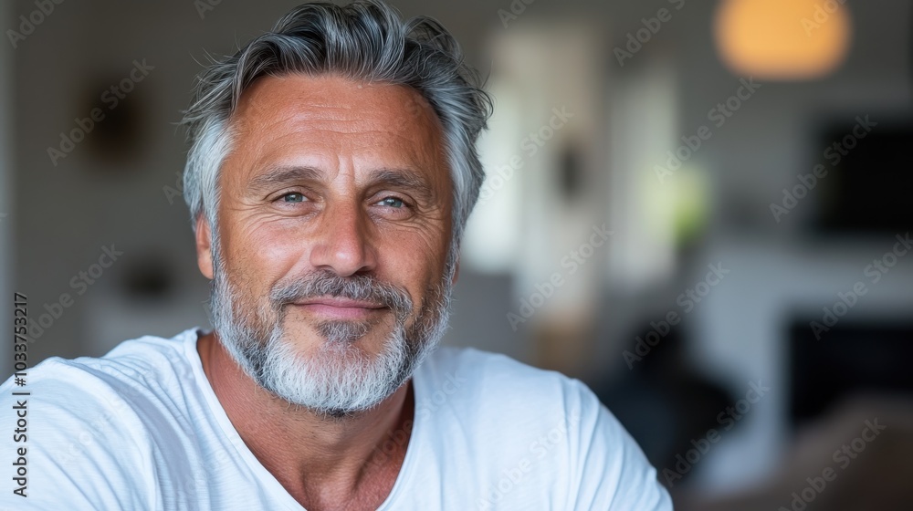 A grey-haired man with a soft smile and beard in a white shirt, sitting relaxed in a cozy, bright home environment, exuding warmth and friendliness. A grey-haired man with a soft smile and beard in a white shirt, sitting relaxed in a cozy, bright home environment, exuding warmth and friendliness.