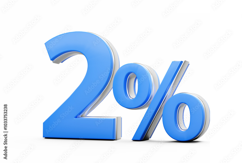 Vibrant Blue 2% Two Percent Sign With Sleek Metallic Gleam On White Background 3D Illustration Vibrant Blue 2% Two Percent Sign With Sleek Metallic Gleam On White Background 3D Illustration