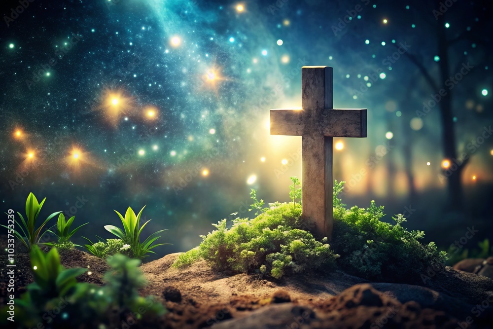 Long Exposure of a Cross on a Grave with Soft Night Sky, Stars, and Moonlight, Evoking Peace, Reflection, and Remembrance in a Serene Cemetery Atmosphere Long Exposure of a Cross on a Grave with Soft Night Sky, Stars, and Moonlight, Evoking Peace, Reflection, and Remembrance in a Serene Cemetery Atmosphere