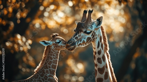 A baby giraffe nursing from its mother in the wild, representing the love, care, and strong connection of maternal bonding
