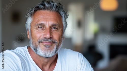 A grey-haired man with a soft smile and beard in a white shirt, sitting relaxed in a cozy, bright home environment, exuding warmth and friendliness.