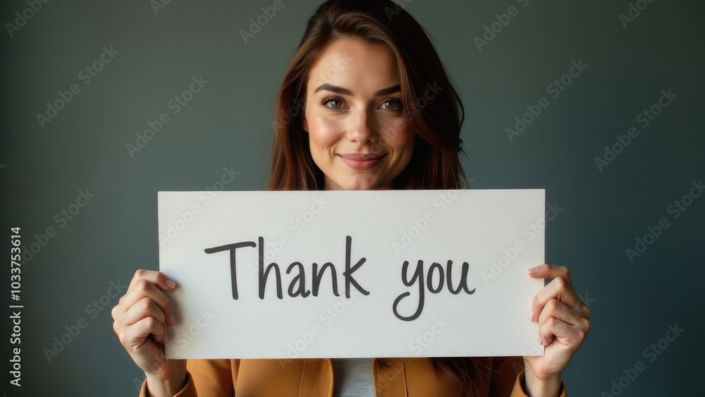 Woman smiles while holding a thank you sign in front of a neutral background during daylight hours Woman smiles while holding a thank you sign in front of a neutral background during daylight hours