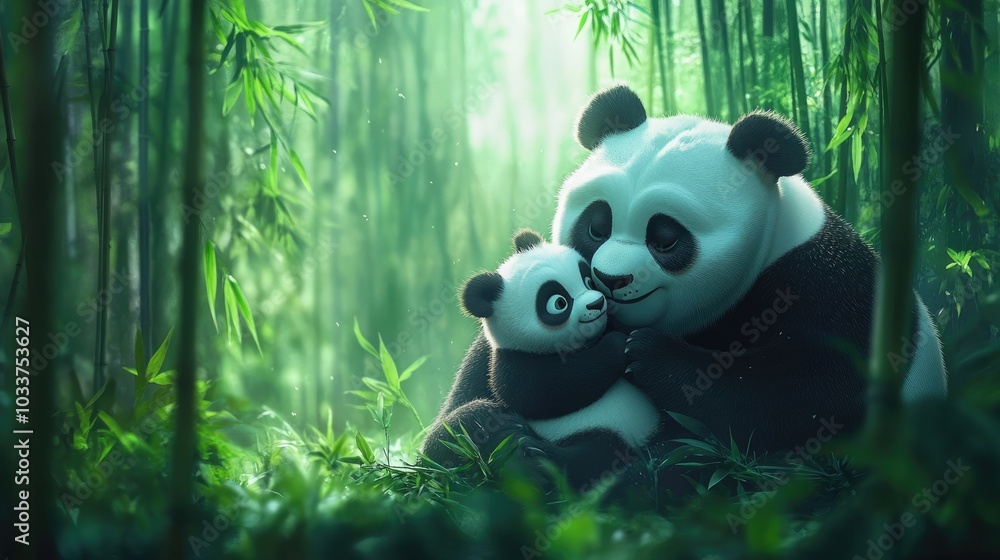 A baby panda nursing from its mother in a serene bamboo forest, representing the love and care of motherhood in nature