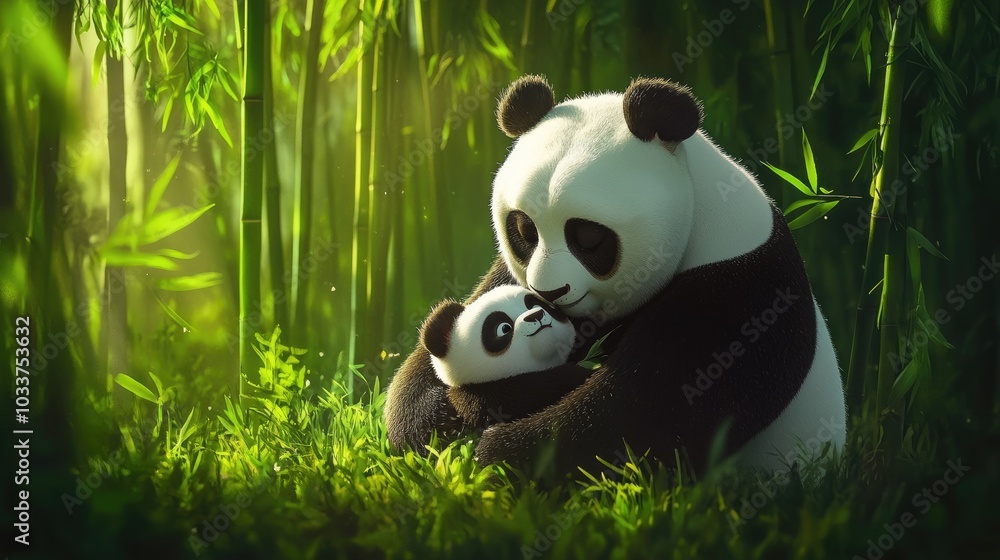 A baby panda nursing from its mother in a serene bamboo forest, representing the love and care of motherhood in nature A baby panda nursing from its mother in a serene bamboo forest, representing the love and care of motherhood in nature