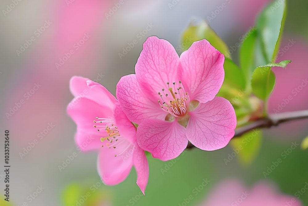 Obraz premium Delicate pink flowers bloom in a serene garden, capturing spring's vibrant essence