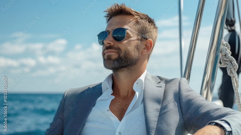 A calm man with stylish sunglasses, in a lightweight suit, reclines on a yacht under the clear sky, symbolizing relaxation, freedom, and contemporary style. A calm man with stylish sunglasses, in a lightweight suit, reclines on a yacht under the clear sky, symbolizing relaxation, freedom, and contemporary style.