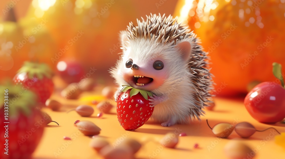 A cute hedgehog is holding a strawberry. A cute hedgehog is holding a strawberry.