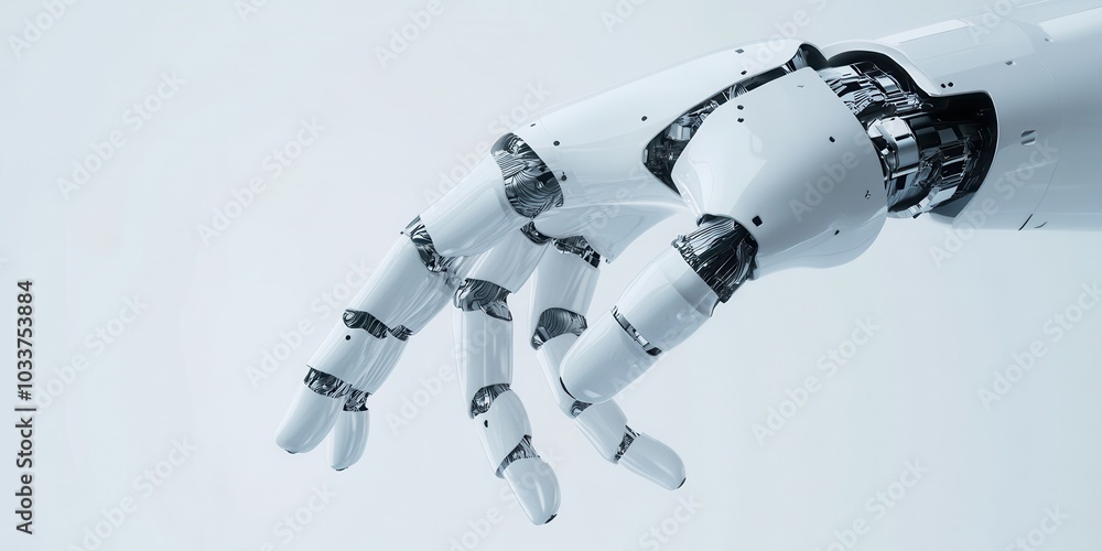 Close-up of a robotic hand extending with intricate details on a white background. Close-up of a robotic hand extending with intricate details on a white background.