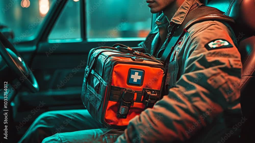 A person sits in the driver's seat of a car, wearing a jacket and holding a red first aid kit A person sits in the driver's seat of a car, wearing a jacket and holding a red first aid kit