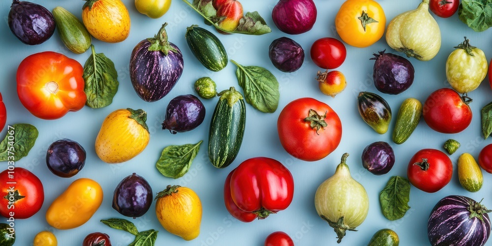 Colorful array of fresh vegetables on light blue background, top view. Colorful array of fresh vegetables on light blue background, top view.