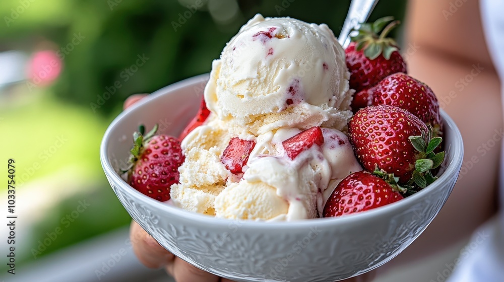 A delicious bowl of strawberry ice cream adorned with fresh strawberries, showcasing a delightful treat perfect for summer with a beautiful composition. A delicious bowl of strawberry ice cream adorned with fresh strawberries, showcasing a delightful treat perfect for summer with a beautiful composition.