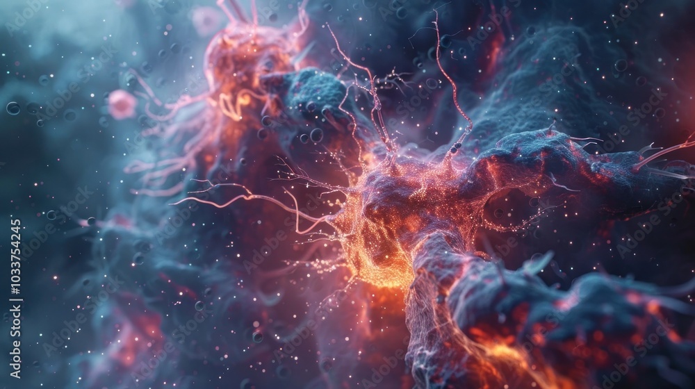 Dramatic visualisation of a cosmic explosion with swirling energies and fiery plasma erupting across a dark nebulous space This abstract Dramatic visualisation of a cosmic explosion with swirling energies and fiery plasma erupting across a dark nebulous space This abstract