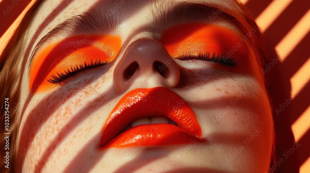 Obraz premium Vibrant orange makeup highlights closed eyes and lips under dramatic shadow patterns, AI