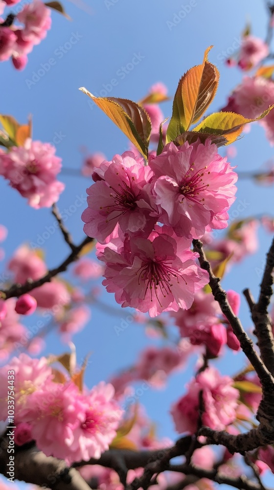 Cherry blossoms bloom against a clear blue sky in a peaceful spring garden Cherry blossoms bloom against a clear blue sky in a peaceful spring garden