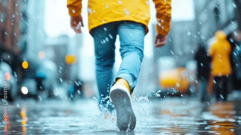 A person in yellow raincoat and jeans is captured walking along a rainy city street, their footsteps splashing water, capturing the essence of motion and determination. A person in yellow raincoat and jeans is captured walking along a rainy city street, their footsteps splashing water, capturing the essence of motion and determination.